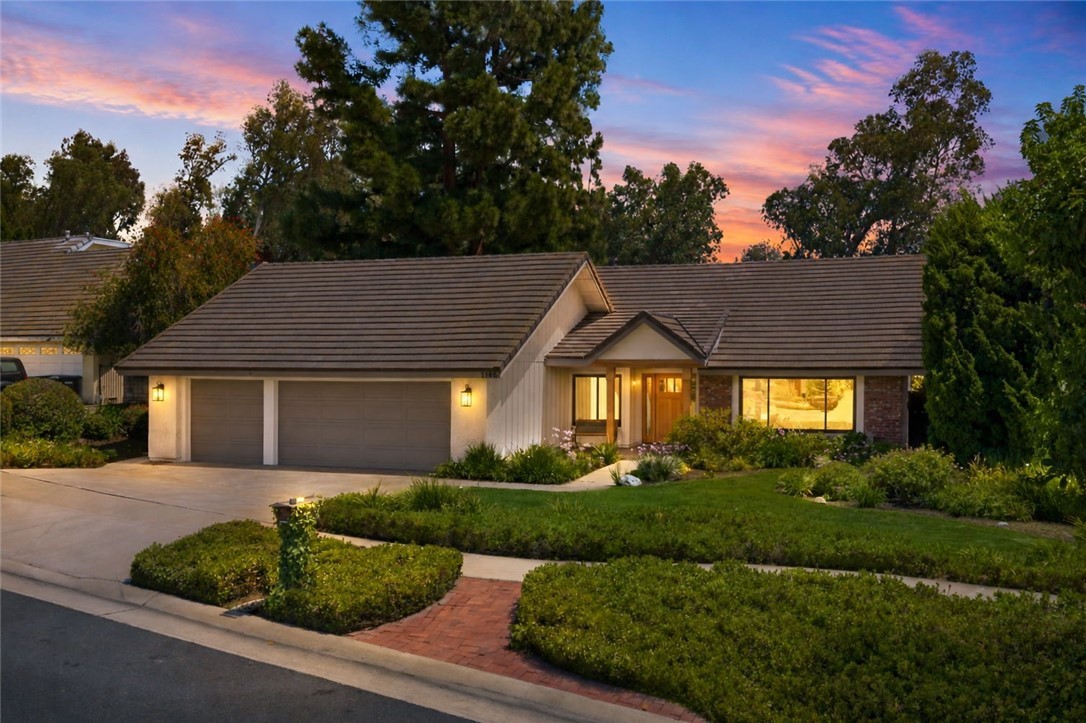 Remodeled single-story ranch on Grovewood Lane, Orange Park Acres, at twilight
